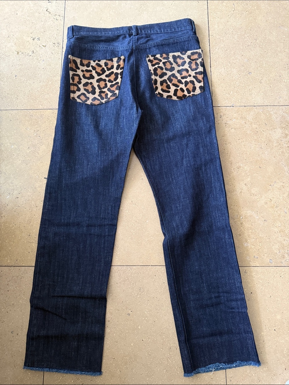 Michael Kors Collection Dark Blue Straight-Leg Jeans with Leopard Pocket Accent